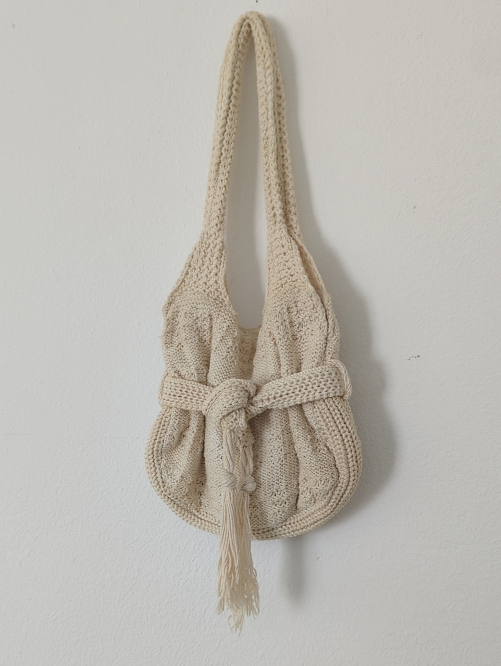 Vintage Knit or Crocheted Cream Boho Shoulder Bag
